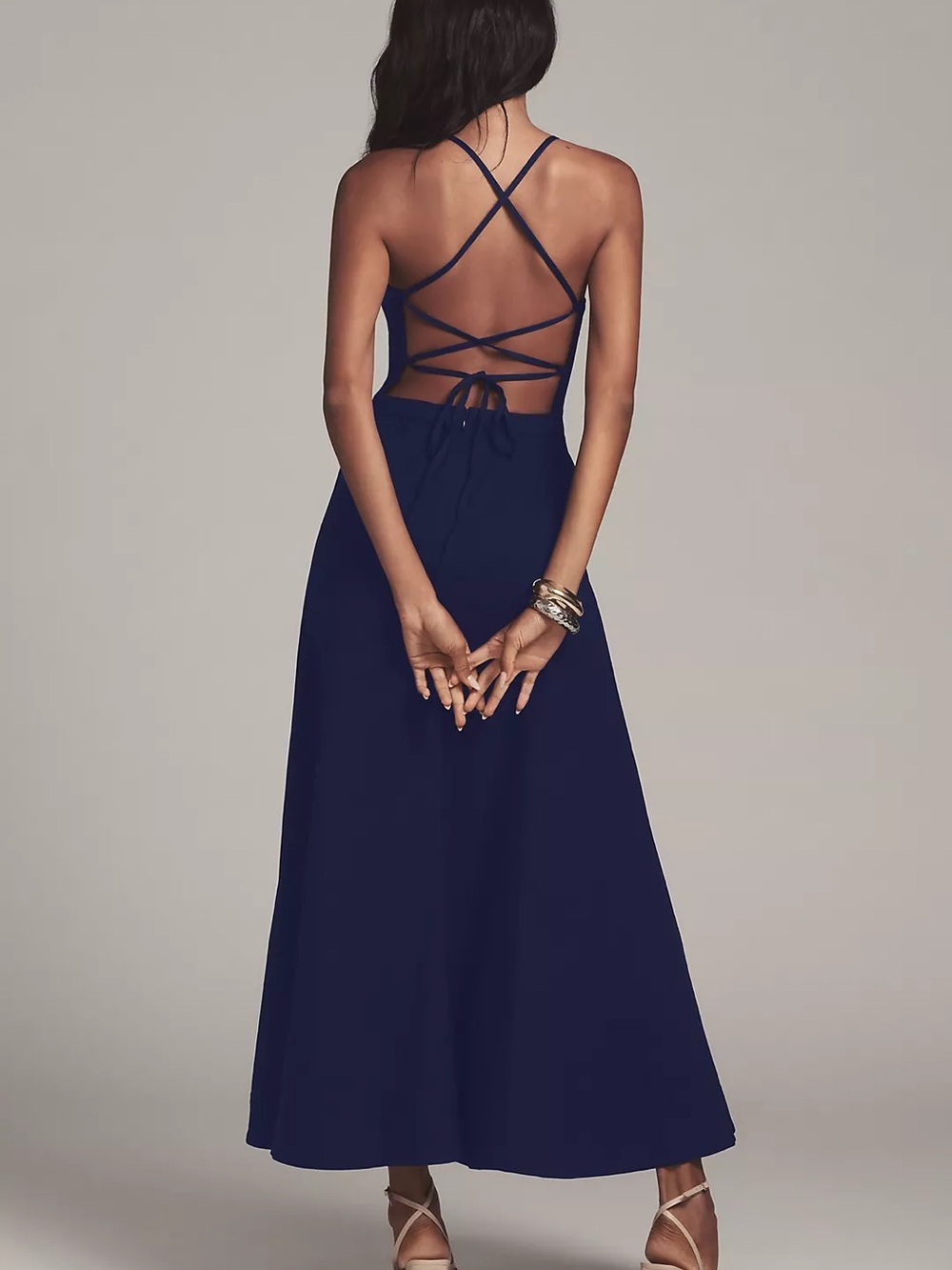 Maeve Anthropologie Navy Blue Tie-Back Maxi Dress Women's XL Viscose Cotton